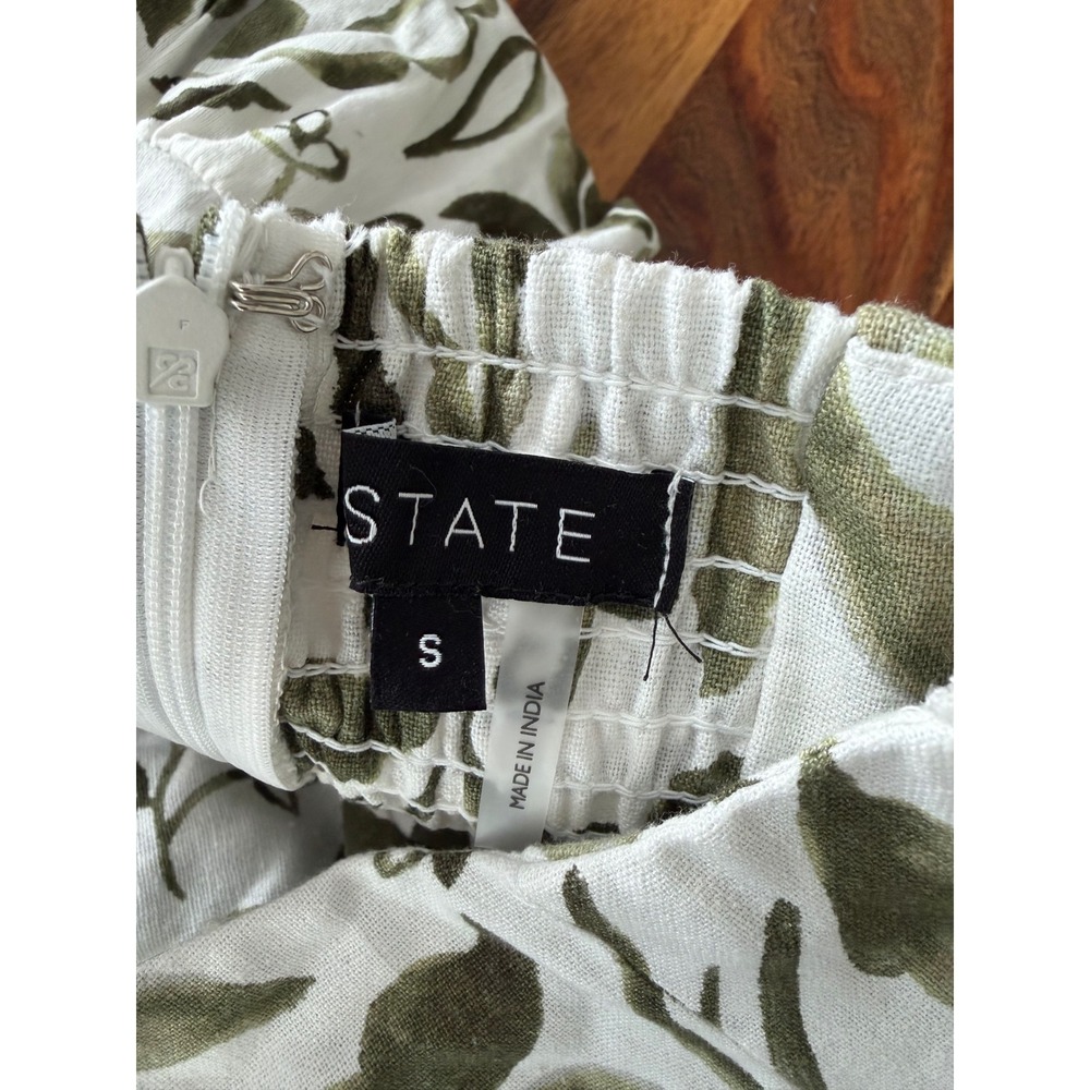 1. STATE Womens S Linen halter Maxi Dress Olive Green Floral White Wedding Guest - Picture 7 of 10